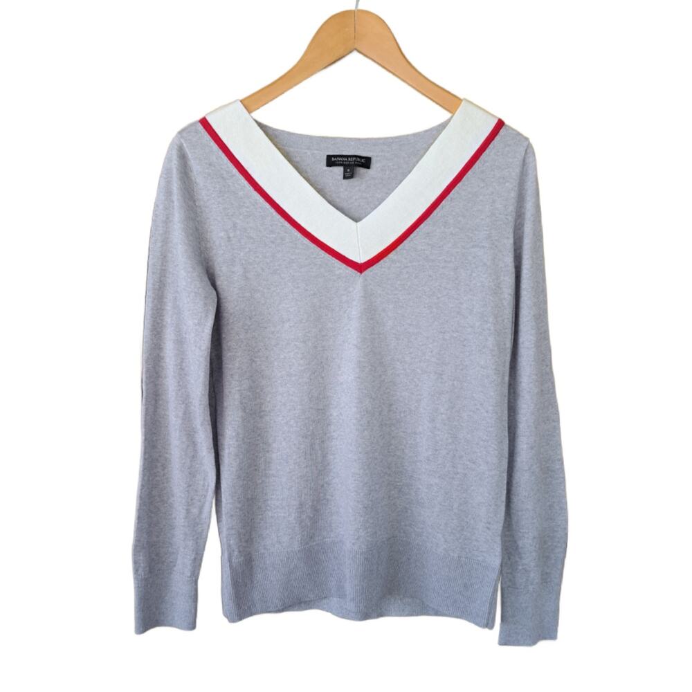 Banana Republic Varsity Merino Wool Contrast V-Neck Sweater Small Gray Red Cream